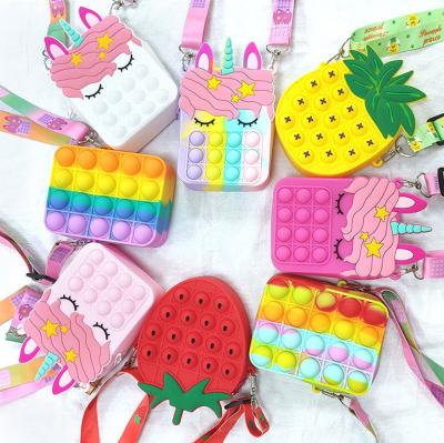 China TS9469 Dropshipping waterproof soft silicone push it bubble purse cross - body purse kids unicorn popit toy coin purse for sale