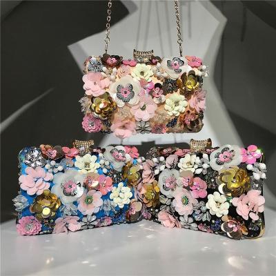 China TS5013 High Quality Fashion Women's Grab Rhinestone Crystal Blue Flower Printed Mini Bag Round Metal Party Luxury Small for sale