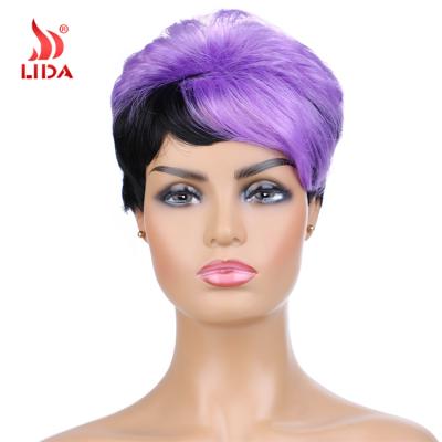 中国 Lida Synthetic Wig Mix Color Straight #FT1B/purple Bob Short Curls Bang Wig Japan Fiber 6517 Blunt Wigs 販売のため