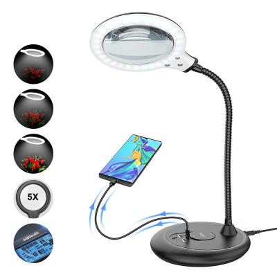 China Magnifier 2 USB Rechargeable 5X Magnifying Glass with Light and Stand Large Desktop Magnifying Lamp for Reading Hobbies Crafts Workben for sale