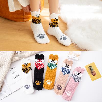 China Dogs Paw Socks Winter Warm Coral Breathable Cute Fleece Socks Slipper Socks For Women Girls Christmas for sale