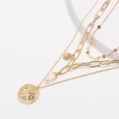 China Vintage Metal Clip Chain Necklace Bead Chain Fashion Multi Layered Shell Shaped Disc Alloy Coin Pendant Necklace For Girls for sale