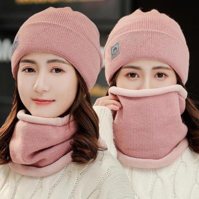 China Popular Winter Beanie Hats Scarf Set Warm Knit Hats Skull Cap Neck Warmer With Thick Fleece Striped Winter Hat And Scarf For Women Men for sale