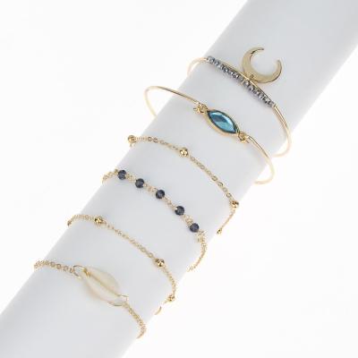 China 6Pcs/Set Bohemian Gold Color Shell Moonstone Nature Stone Bangle & Bracelet Set Green Rhinestone Stone Women Ethnic Vintage Jewelry for sale