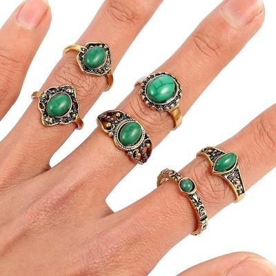 China BOHEMIA Vintage Gold Mix Size Women Turquoise Female Opal Natural Stone Rings Fashion Jewelry Gifts Wholesale for sale