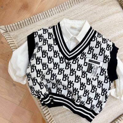 China 2021 fall new boys and girls color contrast letter vest baby breathable children's sweater knitted vest sweater fashion for sale