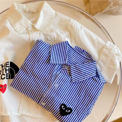 China 2021 children's shirt breathable autumn new boys and girls stripe embroidery love long sleeve shirt baby fashion brand tops for sale