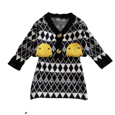 China Korean foreign female loose sleeve knitted cardigan long version autumn Chinese style baby plaid skirt upper two-piece set for sale