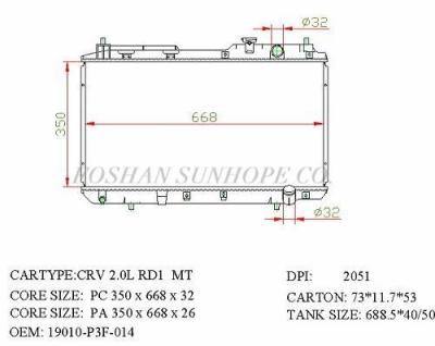 China CRV 2.0L RD1 MT 19010-P3F-014 Auto Heating Cooling System In Vehicle Core Size 350*668*26 for sale