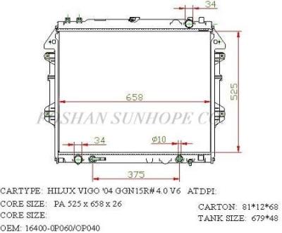 China RADIADOR AUTO DE TOYOTA HILUX VIGO PARA REFRESCARSE EN EL VEHÍCULO 16400-0P060/OP040 en venta