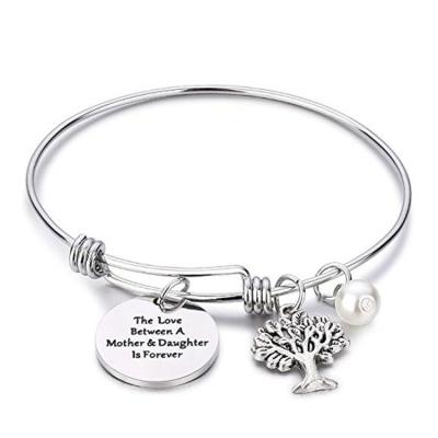 China Fashionable Embossed Mother Tree Small Pendant Alloy Round Bead Bangle Stainless Steel Bracelet Bangle Holiday Accessory for sale