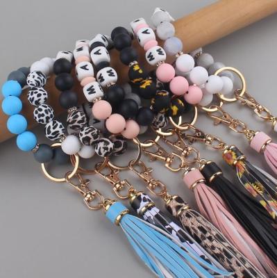 China FASHION Silicon Beads Wrist Key Chain For MOM Key Chain Bag Key Pendant Accessory Women Leopard Sunflower Bracelet for sale