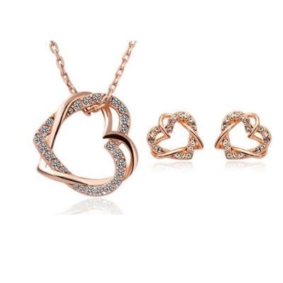 China ALLOY Fashion Double Heart Necklace And Earring Cute Jewelry Loverly Sets Crystal Jewelry for sale