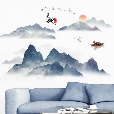 China Reused and easy to use China style lnk mountain and water landscape home decoration wall sticker for living room bedroom office background wall decal for sale