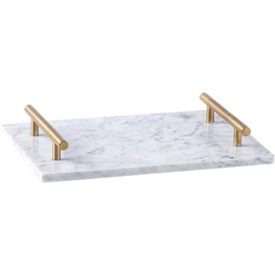 China Home& hotel& bar& Restaurant Dresser Wholesale Rectangle Natural Marble Food Serving Tray with Stainless Steel Handles for sale