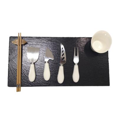 China Sustainable Black Stone Slate Cheese Board Set With Cheese Knife Set for sale