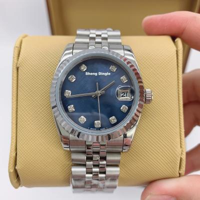 China Luxury Clear Blue Silver Case Automatic Lady's Mechanical Date 771 Diamond Scale Oyster Dial Bezel Mechanical Watch for sale