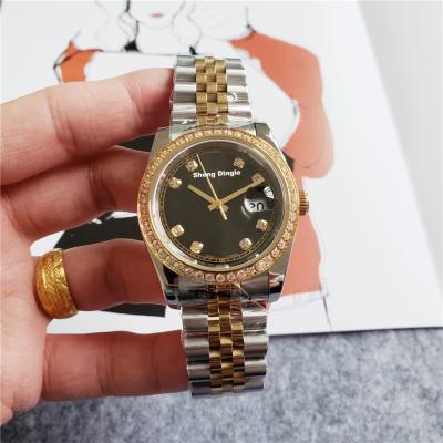 China Automatic Date 738 Lady Gold Diamond Bezel Black Silver Dial Case Luxury Mechanical Watch for sale