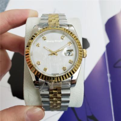 China Fashion Lady Diamond Scale Gold Dial Oyster Clear White Silver Bezel Automatic Mechanical Date 736 Watch for sale