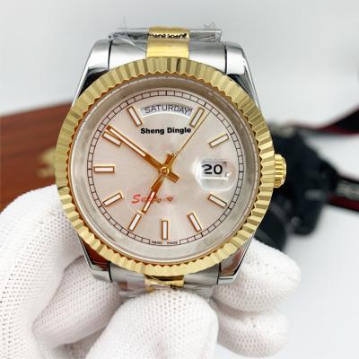 China Fashion Silver Case Gold Oyster Bezel Rose Dial Automatic Weekly Calendar Custom Logo Mechanical Watch for sale