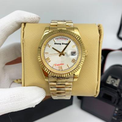 China Luxury Silver Roman Numeral Automatic Date Scale Gold Case Oyster Bezel Dial Weekly Calendar Mechanical Watch for sale