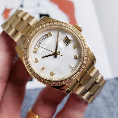 China Lady 36MM Weekly Calendar Diamond Gold Bezel Automatic White Dial Case Date 737 Luxury Mechanical Watch for sale