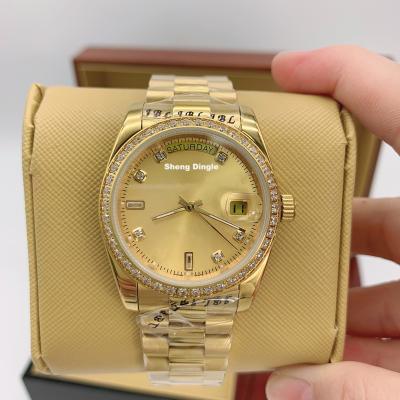 China 743 Date Automatic Lady 36MM Luxury Gold Case Diamond Bezel And Scale Weekly Calendar Mechanical Watch for sale