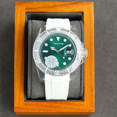 China Fancy date case 8215 movement green scale dial custom logo luxury automatic transparent luminous fashion mechanical watch for sale