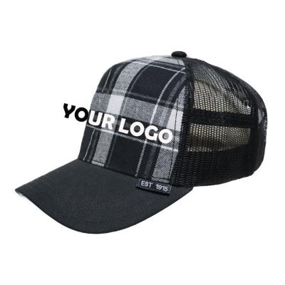 China Character High Quality Trucker Mesh Hats Custom Your Own Logo Plaid fabric 5 Panels 3D Embroidery Trucker Mesh Caps for sale