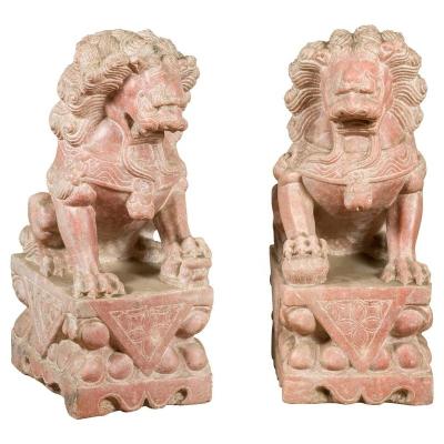 China Vintage Chinese Wholesale Pair Foo Dogs Guardian Lions On Bases With Sandstone Patina for sale