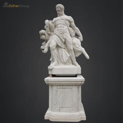 China Exquisite details and waterlines stone carving white man and dogs decorative life size marble status for sale