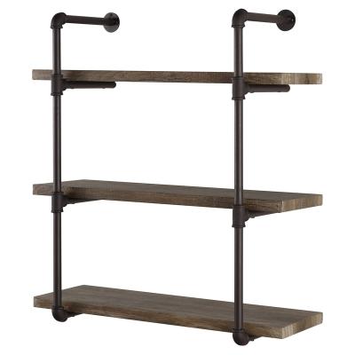 China 3 Tier Rustic Rustic Wood Industrial Pipe Mounted Floating Wall Shelf for sale