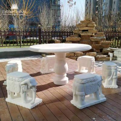 China Eco-Environmentally Natural Stone Furniture Outdoor Garden Ornaments Round Marble Garden Table and Benches Set for sale