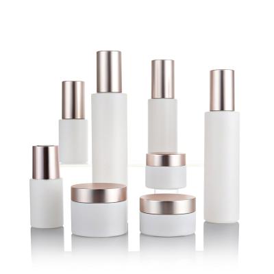 China Round Cosmetic Empty Glass Skin Care Pump Bottles 120ml 100ml 50ml 30ml/30ml Dropper Bottle/20g 30g 50g Cream Jar Set for sale