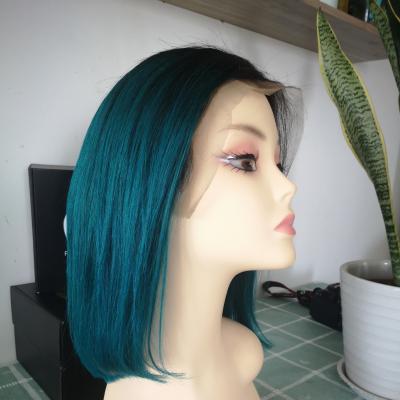 China Hot Sale Baby Hair Pine Green Colored Bob Wig Short 13*4 Lace Front Human Hair Wigs Pre Plucked Brazilian Straight Remy Hair Wigs for sale