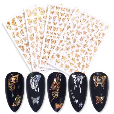 China Fashionable Hollow Out Butterfly Manicure Bronzing Stereo Nail Art Transfer Decals Decoration Tool Golden Nail 3D Laser Stickers for sale