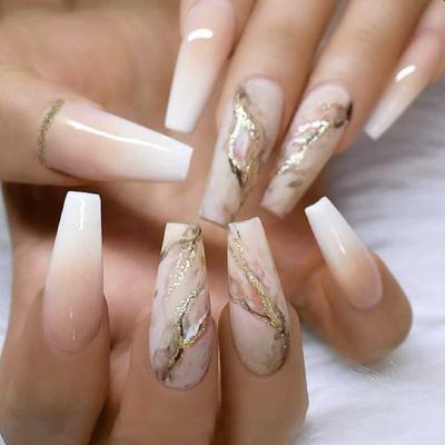 China Design Press On Nails Coffin Nude Acrylic Gradient Fake Nails Marble Full Coverage Stick On Nails For Women And Girls for sale