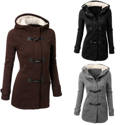 China Anti-wrinkle Winter Women Large Size Ditch Horn Button Pocket Plus Velvet Hood Long Sleeve Coat for sale