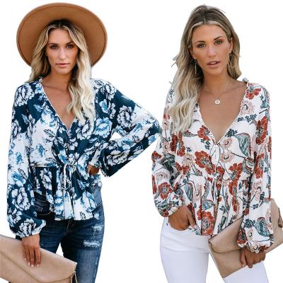 China V-Neck Ladies Shirts Chiffon Print Long Sleeve Anti-Pilling Casual Blouses Tops Female Daily Shirts Women for sale