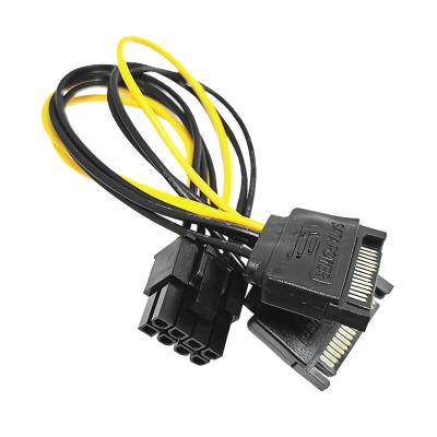 China Copper Dual 15Pin M SATA to PCI-e PCIE 8 (6+2) Pin F Video Card Power Supply Cable 8pin to Sata Y Splitter Graphics Card 18AWG Adapter for sale