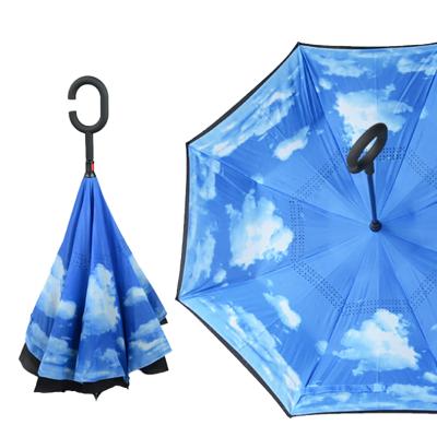 China Wholesale Custom Amazon Logo Double Fabric Windproof C Shape Casual Handle Inverted Reverse Umbrella for sale