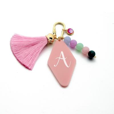 China A-Z Letters Keyring Keychain Creative Geometric Rhombus Acrylic Letter Shape Pendant Accessories Tassel Beads Woman Bag Keychains Initial Key Chain Pendant for sale