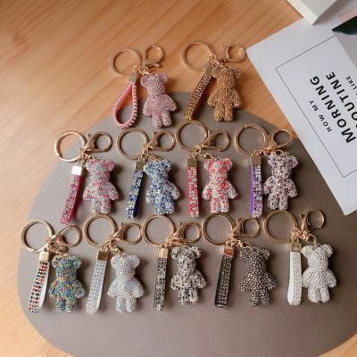 China New Fashion Promotion Souvenir Gifts Metal Keychain Crystal Rhinestone Bear Keychain Leather Key Chain for sale