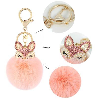 China Fox Head Shape Accessories Faux Rabbit Fur Pendant Pom Pom Keychain Fox Head Keychain with Rhinestones for Bag Cell Phone Car Pendant for sale