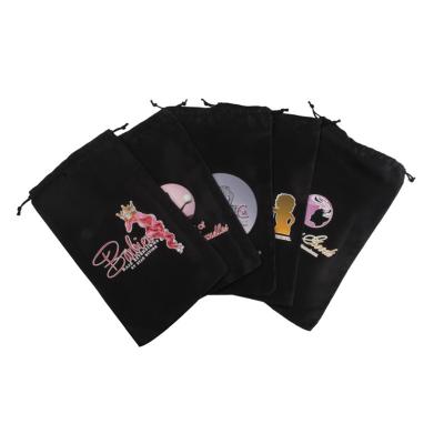 China Custom Hair Extension Logo Printed Black Satin Drawstring Package Hair Packaging Bags Hair Extension Storage Pouch Wig Bags For Bundles for sale