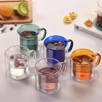 China Minimalist Glass Coffee Mugs Tea Mugs With Handle 250ml Double Wall Glass Design With Multicolor for sale