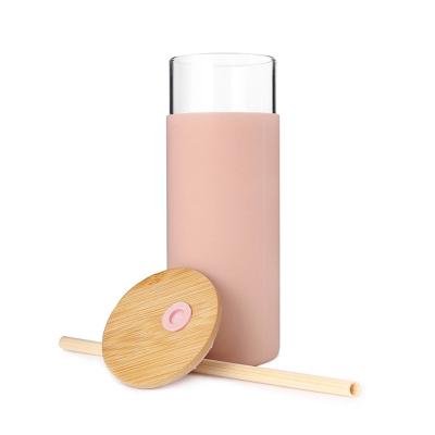 China Borosilicate Glass Water Bottle Stocked Glass Tumbler with Straw Silicone Sleeve Bamboo Lid for sale