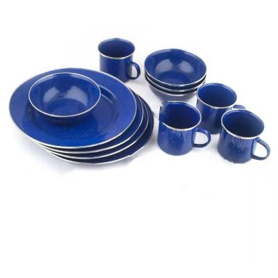 China Stocked Enamel Camping Dinnerware Set: Dishes, Bowls, Cups Spotted Enamel Dinner Set for sale