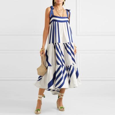 China 2021 Summer Women's Casual Striped Bandage Anti-Static Stitching Elegant Irregular Bohemian Style Sleeveless A-Line Long Skirt for sale