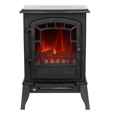 China Mini Electric Ceramic PTC LED Luxury Black Freestanding Fireplace Portable Space 15inch Stove Heater for sale